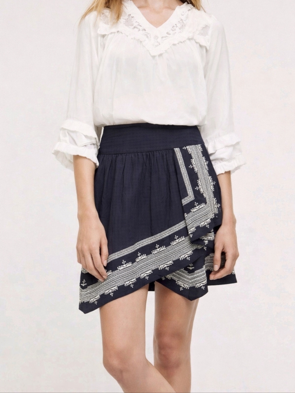 Anthropologie Holding Horses Wrap Skirt Blue Embroidered Mini Boho Size 10